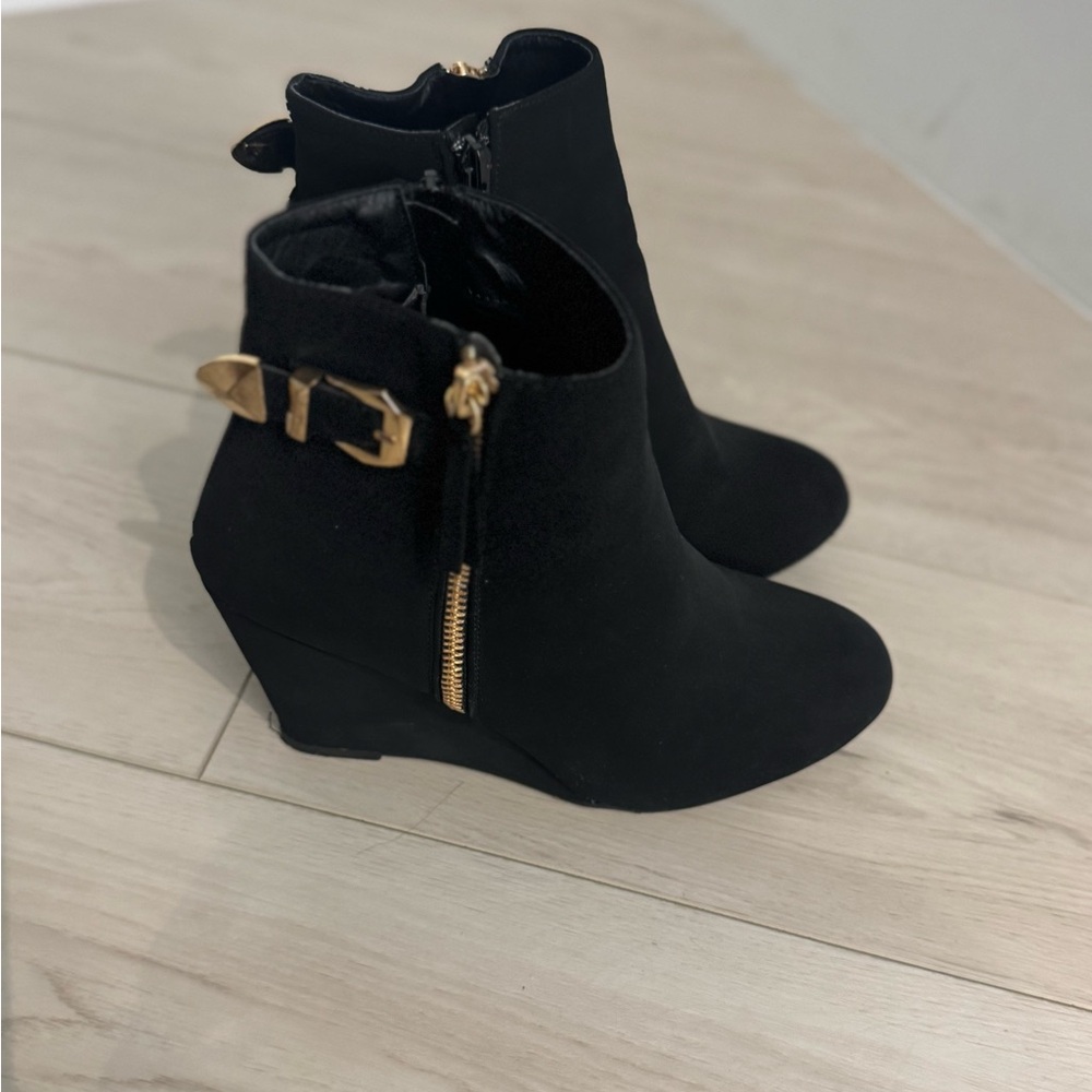 Black Wedge Ankle Boots with Gold Accents